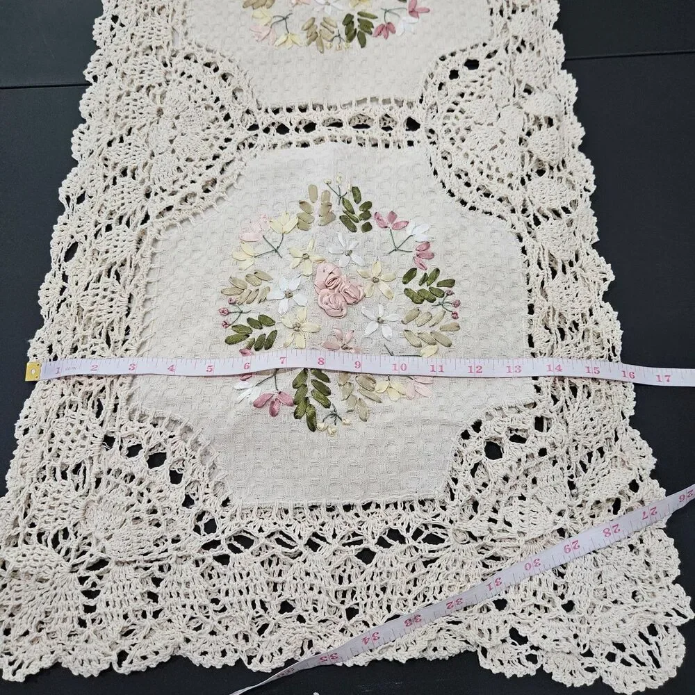 Crochet Floral Table Runner Embroidered Kitchen Home Dining Neutral Cottagecore